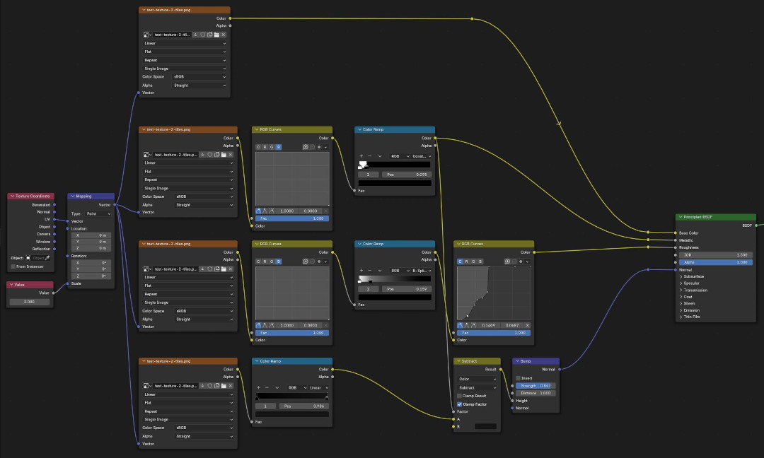 Image showing some how I turned the base texture into various other PBR textures with some simple processing in Blender.