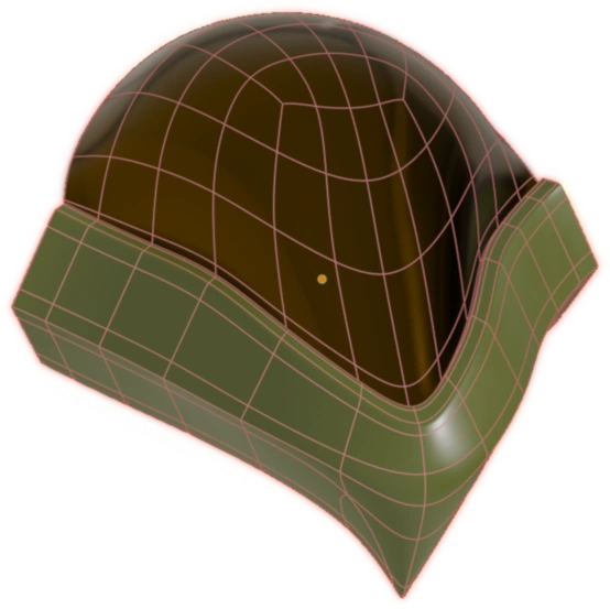 A combination wireframe + rendered view of a bird-like helmet that has a large gold visor and a dark olive green metal beak.